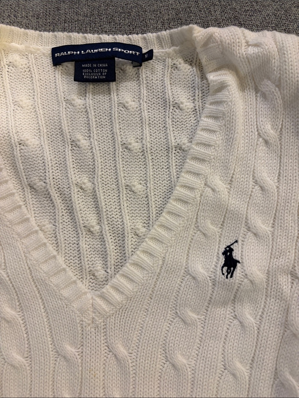 Ralph Lauren Cream Cable-Knit V-Neck Sweater with Pony Logo - Picture 2 of 4